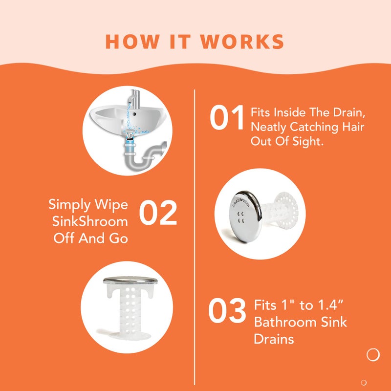 SinkShroom Revolutionary Bathroom Sink Drain Protector Hair Catcher, Strainer, Snare, Silicone , Brushed, Sinkshroom Chrome Edition, 1" -1.4" - Image 5